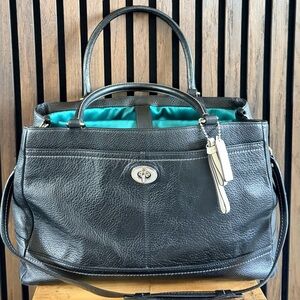Coach Black Leather carry crossbody Bag with Teal Accent padding liner
